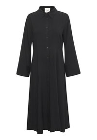 Abito nero button-up con colletto, maniche lunghe e un design a costine testurizzato. Presenta una silhouette dritta e un orlo a lunghezza ginocchio.