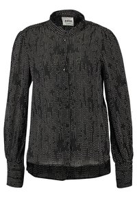 Blusa nera a maniche lunghe con colletto, caratterizzata da un motivo verticale bianco, chiusura a bottoni e polsini arricciati.