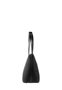 Sac à main en cuir noir présenté de profil avec deux longues poignées et une forme structurée, légèrement triangulaire.