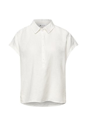 Blouse blanche à manches courtes avec col et patte de boutonnage partielle devant, en tissu léger, avec un ourlet légèrement arrondi.