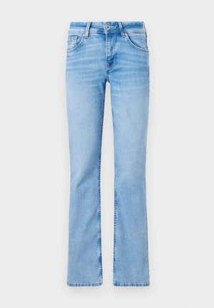 Light blue denim flared jeans with five pockets, a button fly, and belt loops, featuring faded areas and a smooth texture.