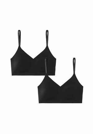 Zwei identische schwarze nahtlose Bralettes mit dünnen verstellbaren Trägern auf weißem Hintergrund.