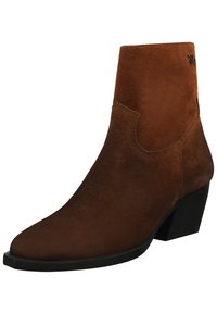 Stivali alla caviglia in suede marrone con punta appuntita e tacco a blocco. Presentano cuciture minimali e una piccola accentuazione del logo sul lato esterno.