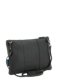 Borsa a tracolla nera in pelle con superficie texture, chiusura con zip e tracolla regolabile. Presenta un design minimalista con dettagli di cucitura sottili.