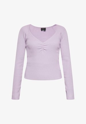 Lilás bordázott, hosszú ujjú felső, V-nyak kivágással és finom ráncolással a középen. Puha textúra és testhezálló fazon.