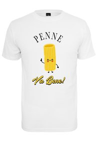 White cotton T-shirt featuring a yellow penne pasta graphic with a smiling face, text above reading "PENNE" and below "Ya Bene!" in black and yellow.