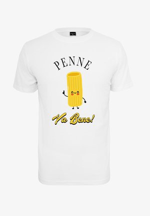 White cotton T-shirt featuring a yellow penne pasta graphic with a smiling face, text above reading "PENNE" and below "Ya Bene!" in black and yellow.