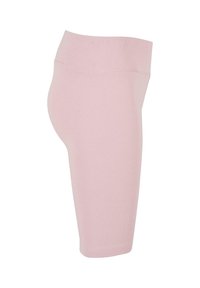 Lys rosa leggings med høy midje, laget av et mykt og elastisk materiale. Har en jevn tekstur og knelength skjæring.