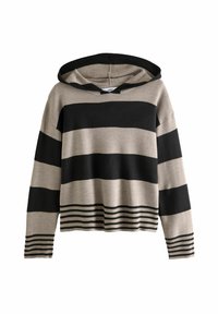 Hættetrøje i beige og sort stribet strik, med et løst design, ribbede manchetter og en båndet kant med horisontale striber.