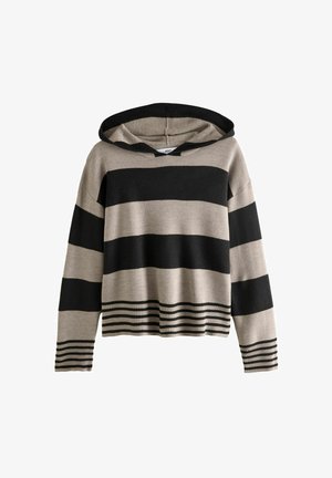 Beige und schwarz gestreifter Kapuzenpullover aus Strick, mit einem lockeren Design, gerippten Bündchen und einem Bundsaum mit horizontalen Streifen.