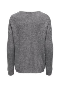 Grauer Strickpullover mit lockerer Passform, ausgestattet mit einem rundem Halsausschnitt und gerippten Bündchen. Strukturierter Stoff mit horizontalen und vertikalen Strickmustern.