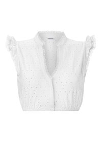 White blouse featuring short puff sleeves, a deep V-neck, button closure, and textured floral pattern with eyelet details.