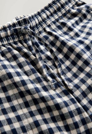 Bombažne kratke hlače s mornarsko modrim in belim kariranim vzorcem. Imajo elastičen pas in vrvico za prilagodljivo prileganje.