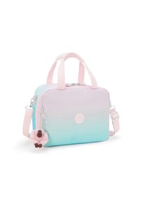 Borsa leggera con un design ombre che passa dal rosa al turchese, dotata di un charm in peluche, doppie maniglie e una tracolla rimovibile.