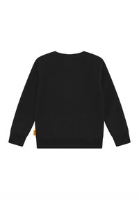 Schwarzer Pullover mit langen Ärmeln, rundem Ausschnitt, strukturierter Stoff und einem kleinen gelben Etikett auf der unteren linken Seite.