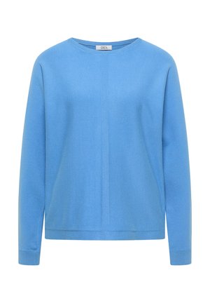 Lyseblå langærmet sweater med rund hals, lige kant og ribstrikkede manchetter, vist forfra mod en ensfarvet hvid baggrund.