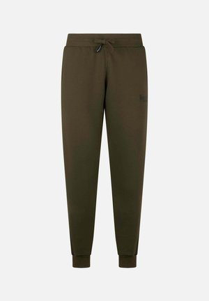 Pantaloni sportivi verde oliva, realizzati in tessuto morbido, con vita elastica e cordino e polsini aderenti alle caviglie.