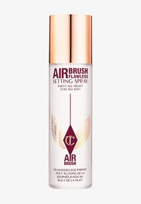 Clear glass spray bottle with a gold cap, featuring burgundy text and winged graphic on the front. Label reads "AirBrush Flawless Setting Spray."