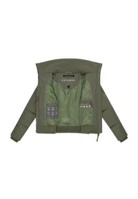 Olive-green puffer jacket with a ribbed collar, zip closure, and a smooth interior. Features a label and care instructions on the lining.