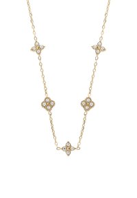 Collar de cadena de oro que presenta cinco eslabones en forma de flor, cada uno engastado con múltiples piedras preciosas transparentes, creando un patrón repetitivo.