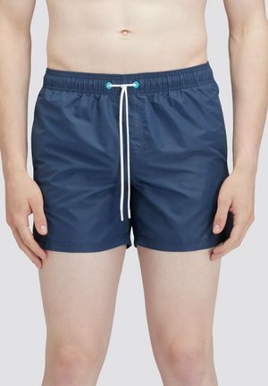 Shorts da nuoto blu realizzati in tessuto leggero, dotati di una cintura elastica, cordoncino bianco e superficie liscia.