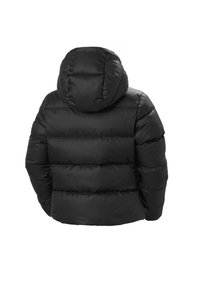 Schwarze Daunenjacke mit Kapuze, mit gestepptem Design, dicker Polsterung und elastischen Bündchen. Die Rückseite ist glatt und matt.