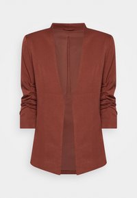 Blazer v rezavé barvě s hladkým, strukturovaným materiálem, otevřeným předním designem a nařasenými detaily na rukávech. Žádné knoflíky ani zapínání nejsou viditelné.