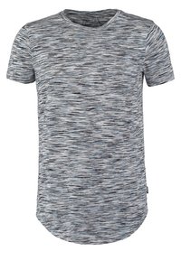 Šedé a modré tričko s krátkým rukávem, s texturovaným pruhovaným vzorem, kulatým výstřihem a zakřiveným lemem. Vyrobeno z prodyšné tkaniny.