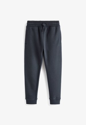 Pantalon de survêtement gris foncé avec ceinture élastique, cordon de serrage, poches latérales et bords-côtes aux chevilles.
