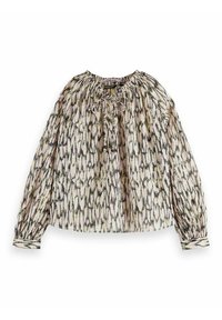 Blusa a maniche lunghe in tessuto leggero con un motivo misto di tonalità tenui, polsini elasticizzati e scollo rotondo con dettaglio a fiocco.