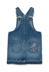 Jeanskleid mit verstellbaren Schulterträgern, blauer Farbe, zwei Fronttaschen und besticktem Detail "Hey, du bist meine Familie!" auf der Gesäßtasche.