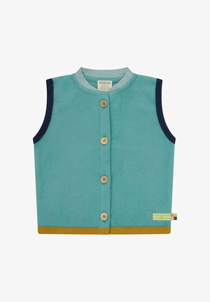 Gilet senza maniche in misto cotone verde teal, con colletto a righe, bottoni in legno e orlo inferiore senape con etichetta logo sul lato.