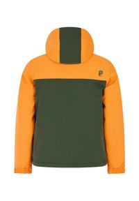 Zeleno-oranžová bunda s kapucňou s farebnými pruhmi, elastickými manžetami a malým logom na hornej časti chrbta.