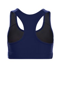 Sujeción deportiva de color azul marino con diseño de espalda de nadadora. Tejido suave, costuras planas y una banda ajustada que brindan soporte y comodidad. Textura suave.