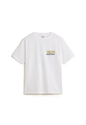 Vit bomullströja med korta ärmar, med en gul och svart "VANS"-logotyp och texten "custom classic" på vänster bröstområde.