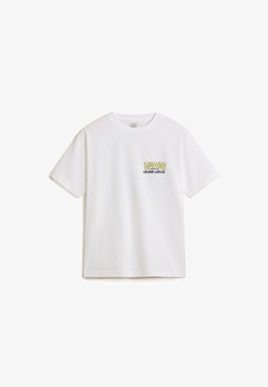 Hvid bomulds T-shirt med korte ærmer, der har et gult og sort "VANS"-logo og "custom classic" tekst på venstre brystområde.