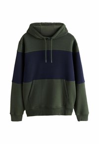 Sudadera con capucha de mezcla de algodón con un diseño en bloques de color en verde oscuro y azul marino, con un bolsillo frontal y puños acanalados.