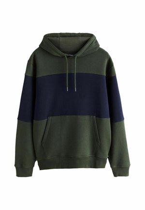 Cotton blend hooded sweatshirt featuring a color block design in dark green and navy, with a front pocket and ribbed cuffs.