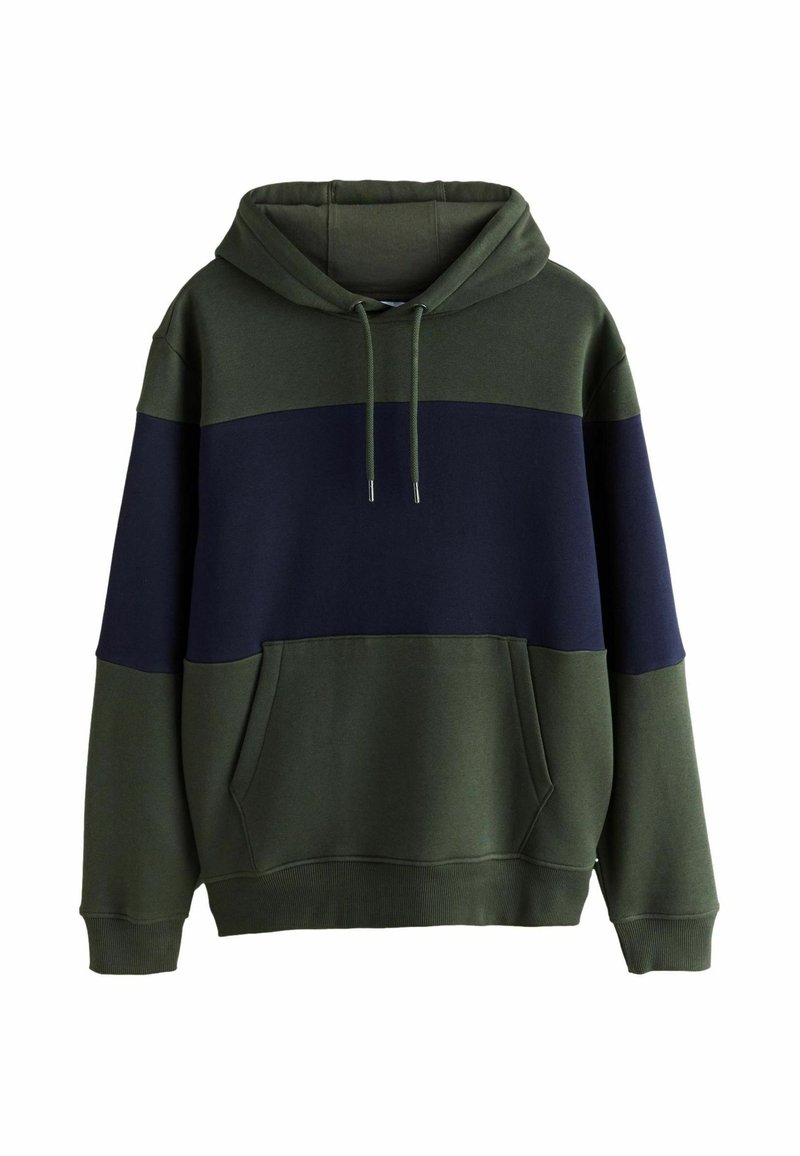 Sudadera con capucha de mezcla de algodón con un diseño en bloques de color en verde oscuro y azul marino, con un bolsillo frontal y puños acanalados.
