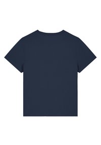 Navyblauwe T-shirt met korte mouwen, voorzien van een ronde halslijn en een rechte snit. Gemaakt van zachte katoenstof; gladde textuur en een schoon ontwerp.