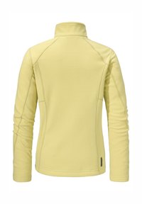 Gelbe Fleecejacke mit hohem Kragen, langen Ärmeln und minimalen Nahtdetails; weiche Textur und gerade Passform.