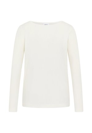 Haut à manches longues en tricot côtelé blanc, avec un col bateau, un ourlet droit et une texture verticale subtile sur l'ensemble du tissu.