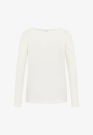 White long-sleeve ribbed knit top with boat neckline, straight hem, and subtle vertical texture throughout the fabric.