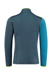 Veste à manches longues avec un corps gris foncé, des manches bleues et des accents jaunes vifs au niveau du col et des poignets ; texture lisse, design ajusté.