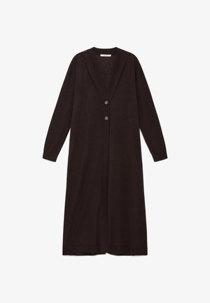 Cardigan lungo nero in maglia con due bottoni frontali, maniche lunghe e scollo a V.