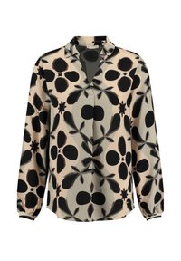 Blusa a maniche lunghe in tessuto leggero e fluido. Presenta uno sfondo beige con audaci motivi floreali neri e un design con scollatura a V.