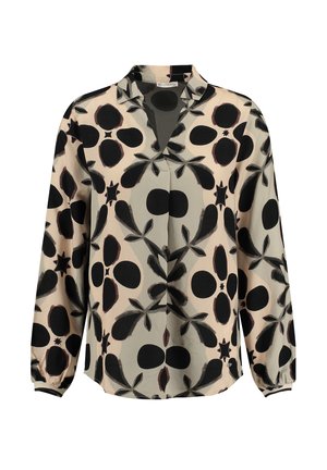 Langärmlige Bluse aus leichtem, fließendem Stoff. Hat einen beigen Hintergrund mit kräftigen schwarzen Blumenmustern und einem V-Ausschnitt.