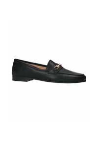Black leather loafers with a flat rubber sole, featuring a decorative gold-tone hardware accent on the upper. Smooth texture and streamlined design.
