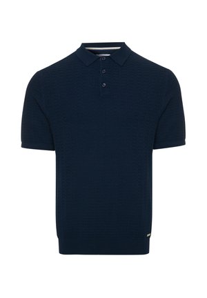 Polo bleu marine à manches courtes avec motif texturé, trois boutons foncés, col et ourlet côtelés.