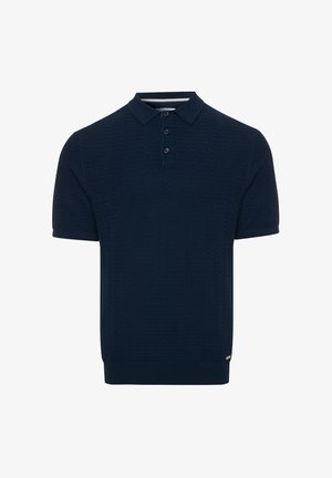 Polo bleu marine à manches courtes avec motif texturé, trois boutons foncés, col et ourlet côtelés.